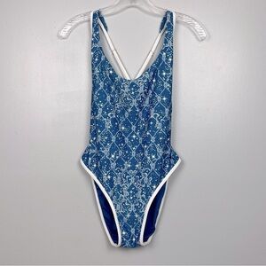 Swim Systems teal nautical rope print contrast trim 1 piece swimsuit, medium.
